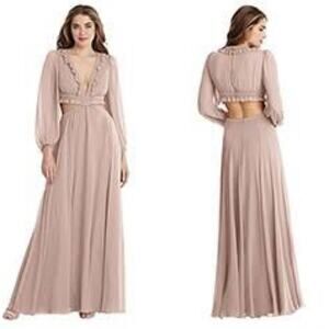 NWT Dessy 4 Lovely $256 Bishop Sleeve Ruffled Chiffon Cutout Maxi Dress